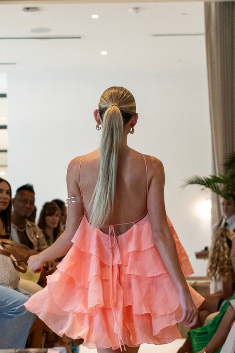 coral dress design Andreeva VANILLA CORAL KNIT DRESS WITH FEATHERS