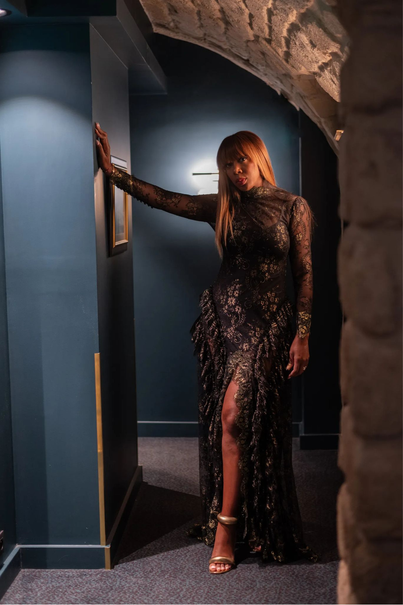 "Sophie" Parisian Black And Gold Lace Gown