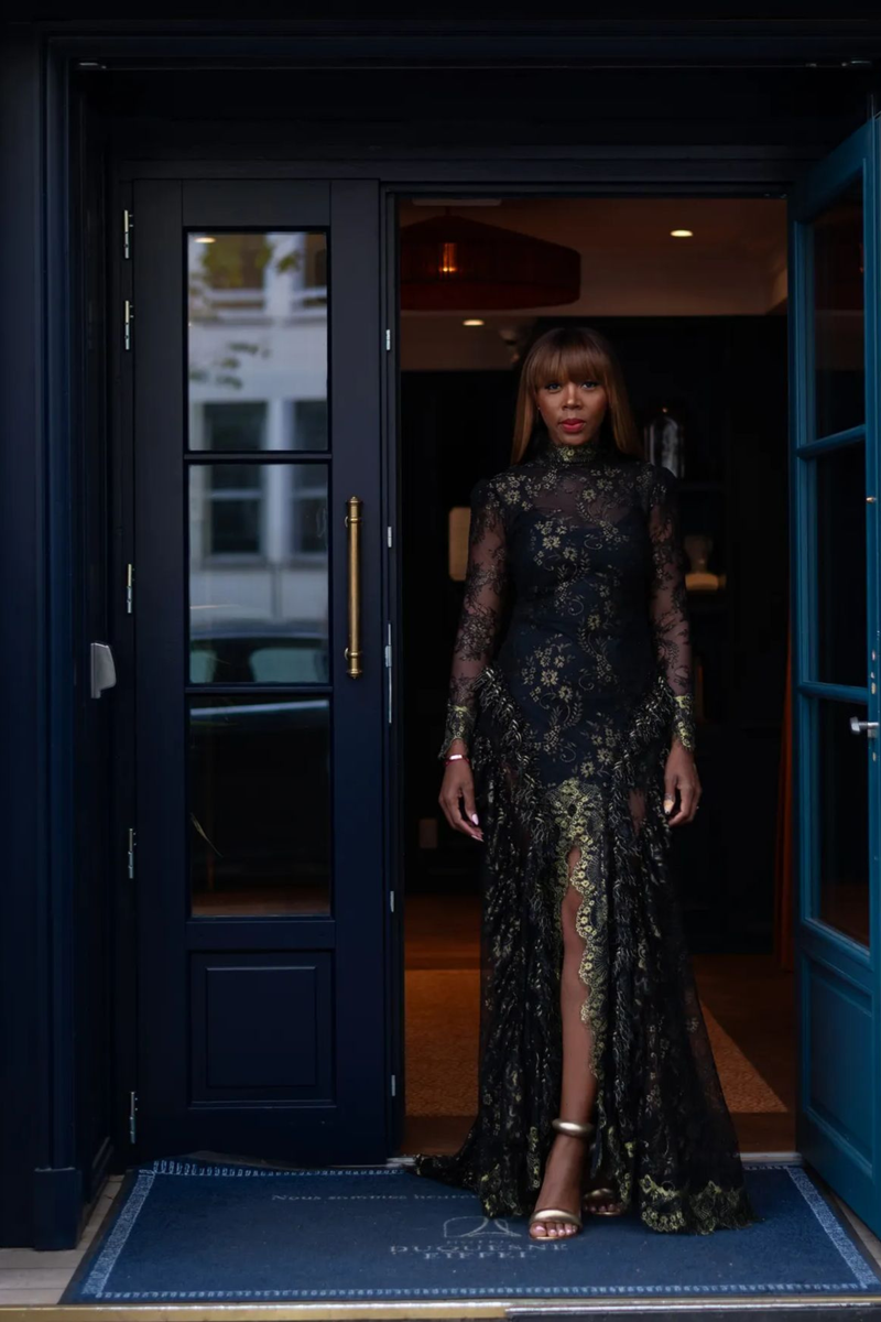 "Sophie" Parisian Black And Gold Lace Gown