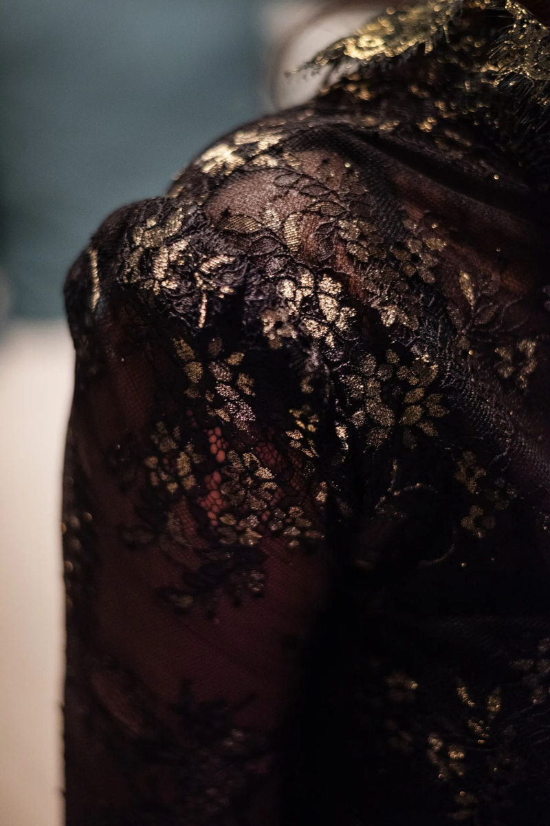"Sophie" Parisian Black And Gold Lace Gown