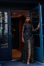 "Sophie" Parisian Black And Gold Lace Gown