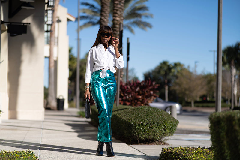 "Draya" Blue Metallic Pants